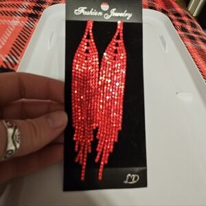 Fashion Jewelry Red Rhinestone Fringe Drop Earrings